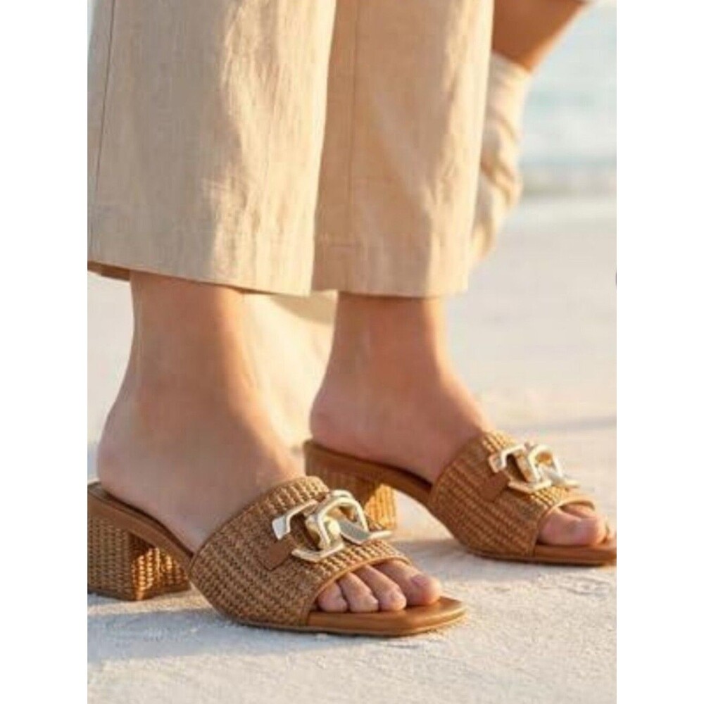 Gotsoft Caramel Brown Raffia Slides Gold Embellishment Block Heel 7.5